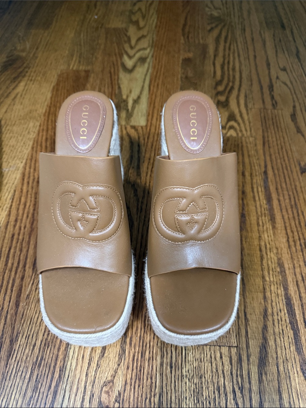 Tan Leather Embossed Logo Espadrille Slides